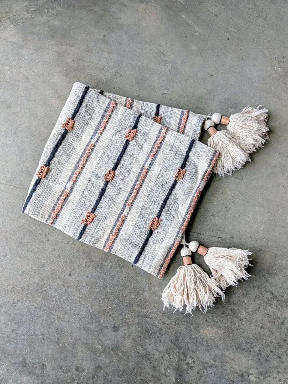 Nicole Miller Home Ivory Blue Pink Striped Boho Tassel Long Table Runner